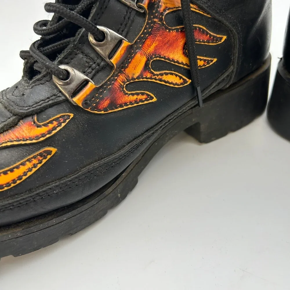 Xelement Motorcycle Boots Men's Black Flames Genuine Leather Lace Up - 10.5